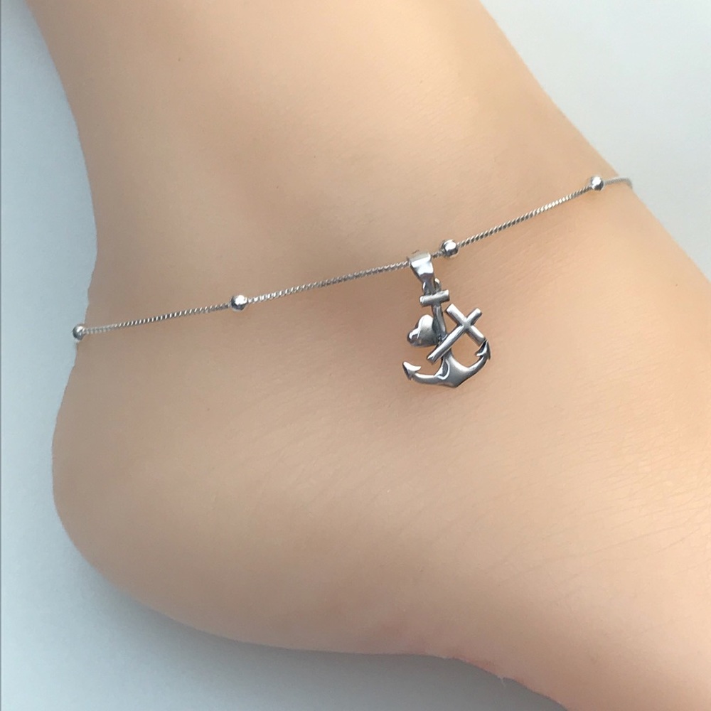 Sterling Silver Anchor Cross Anklet